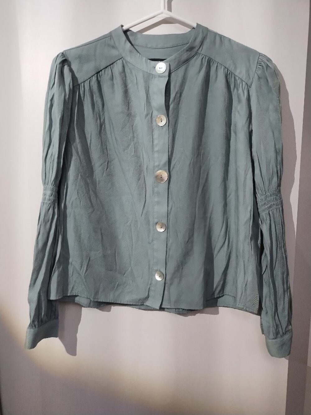 Madame button down top with pearlescent buttons and peasant style sleeves